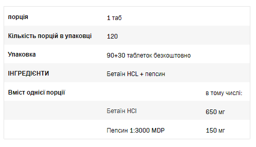 Betaine HCL+Pepsin - 120caps - Зображення 2