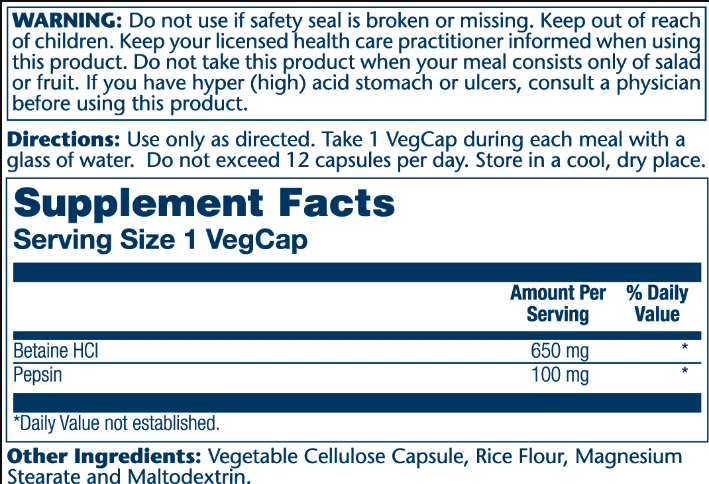 High Potency Betain HCl with Pepsin 650mg - 100 vcaps - Зображення 2