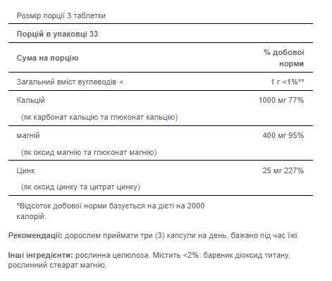 Calcium Magnesium Zinc - 100caps - Зображення 2