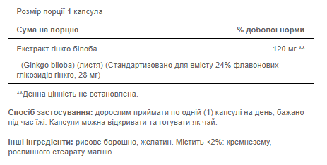 Ginkgo Biloba Standardized Extract 120mg - 100caps - Зображення 2