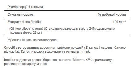 Ginkgo Biloba Standardized Extract 120mg - 200caps - Зображення 2